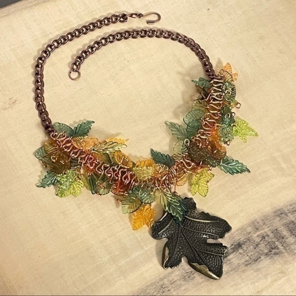 🐢Hand Crafted Chunky Mixed Metal Leaf Statement Necklace 19” Boho Summer Spring